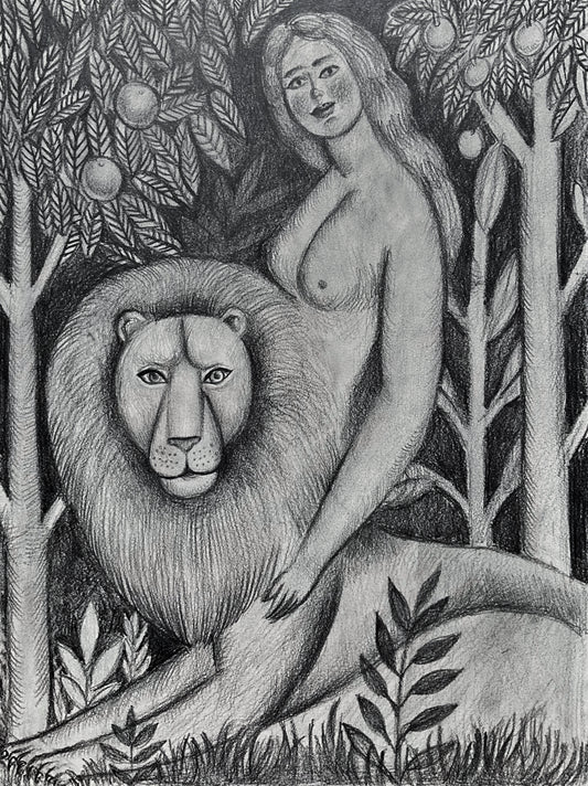 Woman With Lion In The Forest, 2025