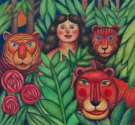 Woman with Two Tigers and a Lion, 2024