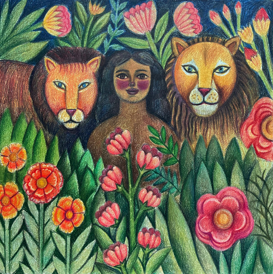 Study of Two Lions and a Girl in the Garden, 2025