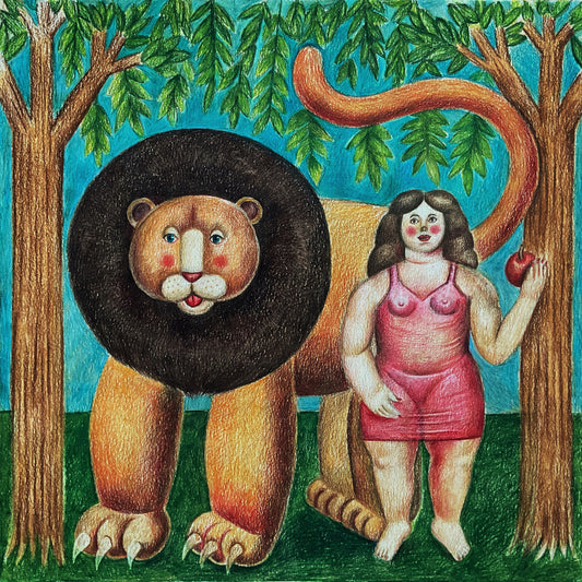 Woman and Lion in the Orchard, 2024