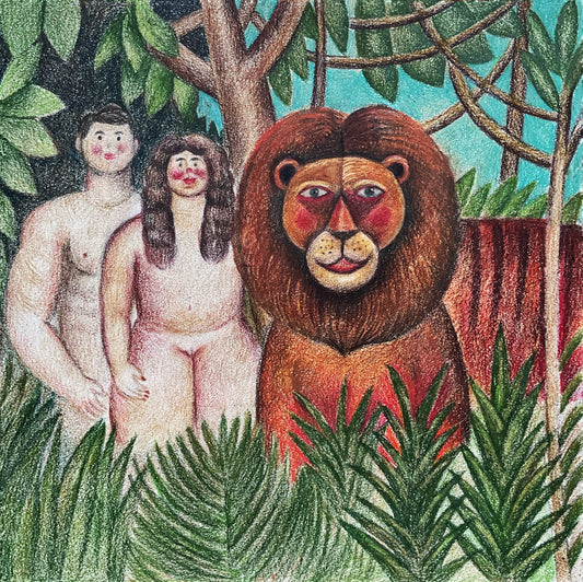 A Happy Couple with a Lion in the Jungle