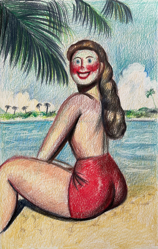 Woman Wearing Red Shorts at the Beach, 2024